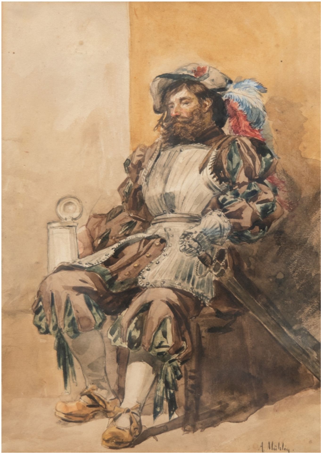 Mühlig, Albert Ernst (1862 Dresden-1909 ebenda) "Rastender Ritter mit Krug in der Hand", Aquarell, 