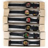 6 Armbanduhren "Hundertwasser-Collektion", KunstHausWien, Quarzwerke, Kunststoffgehäuse, Ziffernbla