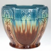 Jugendstil-Übertopf, Keramik, blau/braune Glasur, Ornamentrelief, Gebrauchspuren, H. 19 cm, Dm. 22 