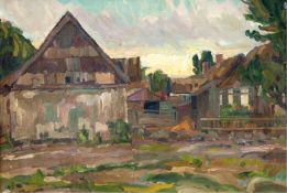 Ruud, Borge (1925-1989, Dänischer Maler) "Alter Bauernhof", Öl/ Lw., unsign., bez. mit Namensplaket