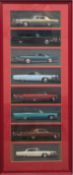 Fotosammlung von 8 versch. Cadillac Modelle, 84x31 cm, im Passepartout hinter Glas und Rahmen
