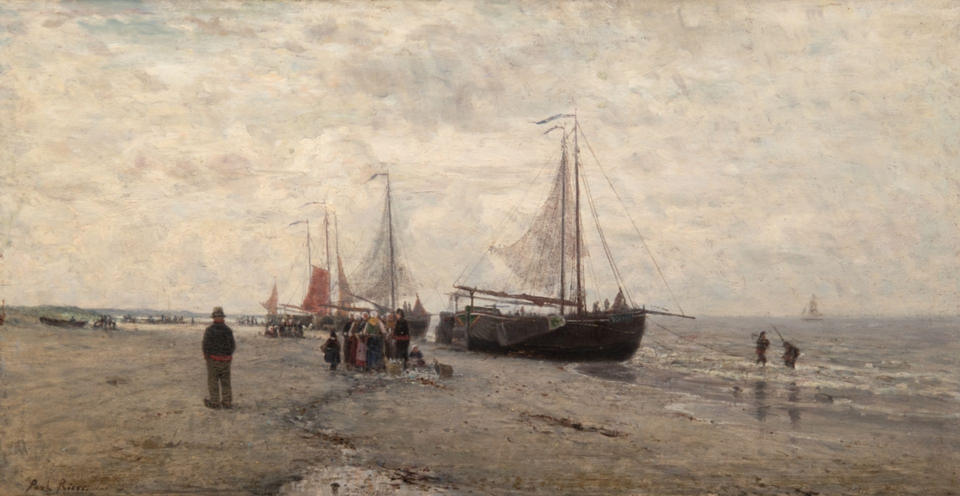 Riess, Paul (1857 Fichtwerder bei Landsberg an der Warthe-1933 Dessau) "Boote am Strand", Öl/H., si