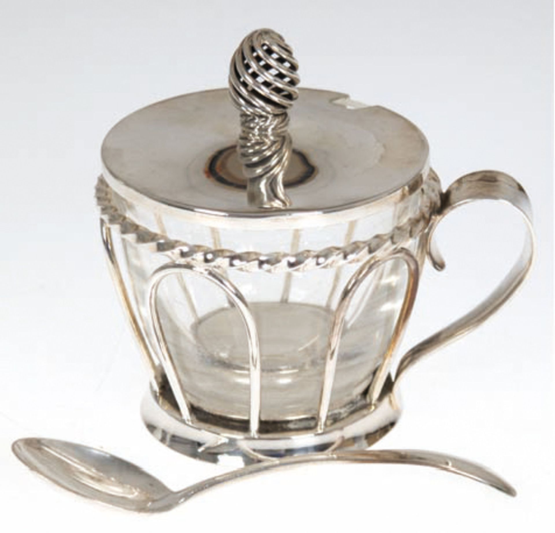 Marmeladengefäß mit Deckel und Löffel, 835er Silberhalterung mit Handhabe, farbloser Glaseinsatz, H