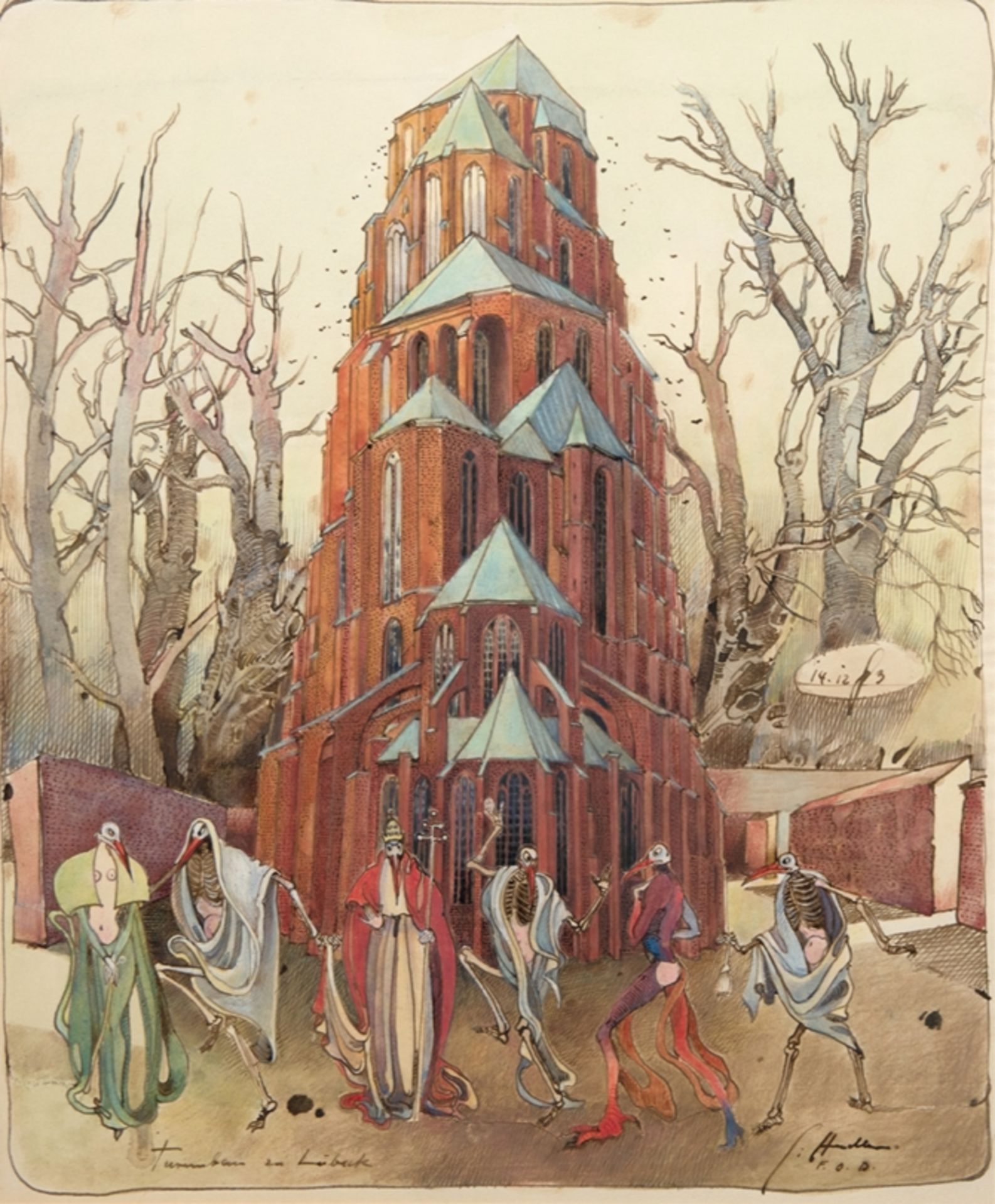 Hudler, Gisela (1934, (Lübecker Künstlerin, Schülerin von Alfred Mahlau) "Turmbau zu Lübeck", Aquar