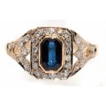 Ring im Art-Deco-Stil, 750er GG/WG, geprüft, 4,4 g, Saphir 1,17 ct., Brillanten 0,37 ct., RG 58, In