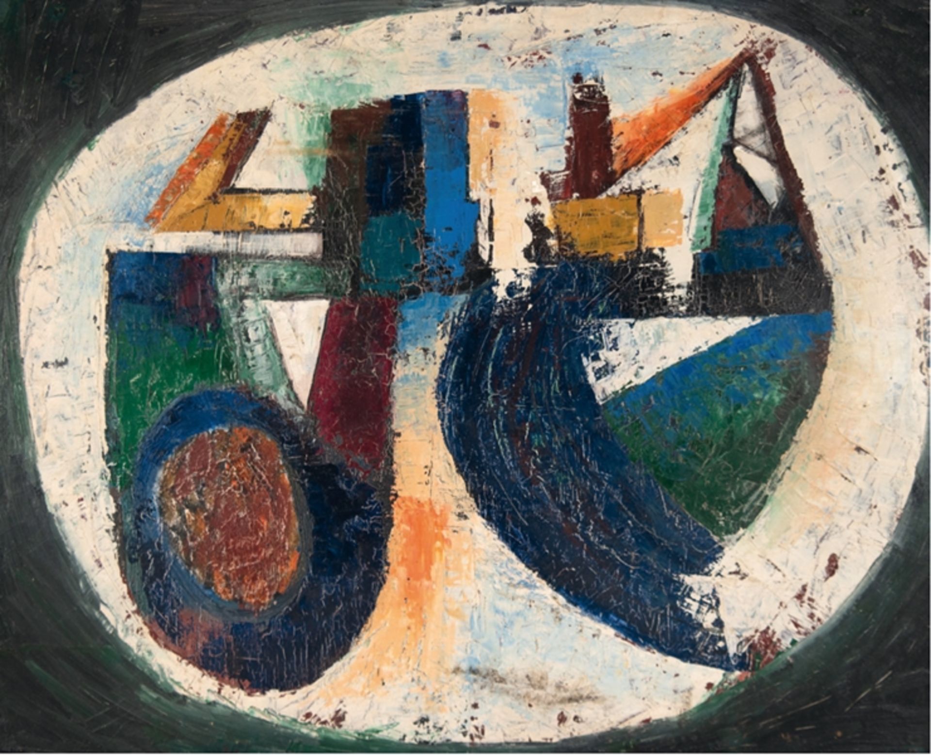 Abstraktmaler um 1960 "Abstrahierte Hafenlandschaft", Öl/Hf., unsign., 78x95 cm, Rahmen