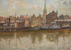 Schodde, Wilhelm (1883 Altona-1951 Lübeck) "Boote an der Untertrave in Lübeck", Öl/Hf., sign. u.r.,