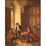 Genremaler Ende 19. Jh. "Drei elegante Herren beim Diskutieren in einem Interieur", Öl auf Kupferta