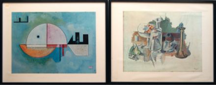2 dekorative Drucke, Max Ernst und Pablo Picasso "Abstrakte figürliche Darstellungen", je 47x62 cm,