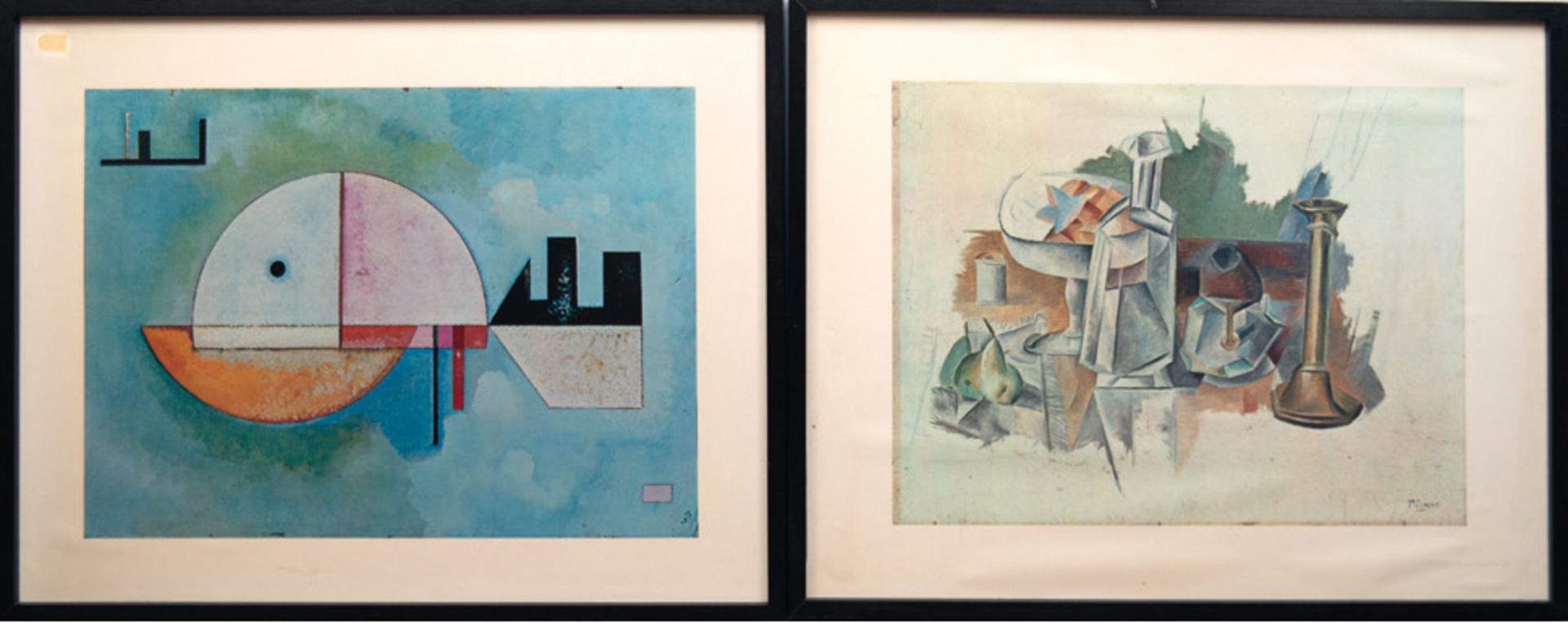 2 dekorative Drucke, Max Ernst und Pablo Picasso "Abstrakte figürliche Darstellungen", je 47x62 cm,