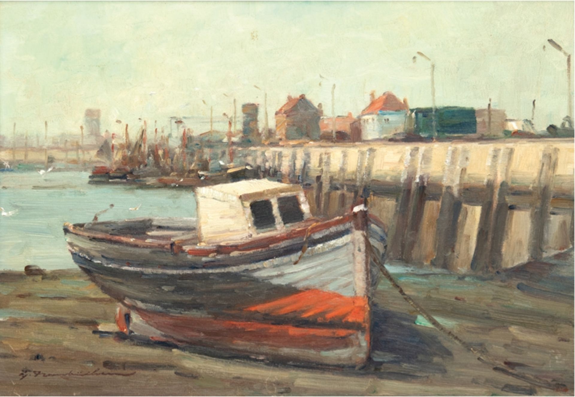 Hambüchen, Georg (1901-1971 Düsseldorf) "Fischer im Hafen von Nieuwport-Belgien", Öl/Lw., sign. ul.