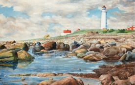 Kindt, W. (Stralsunder Maler des 20. Jh.) "Norwegische Küstenlandschaft mit Leuchtturm", Öl/Lw., si
