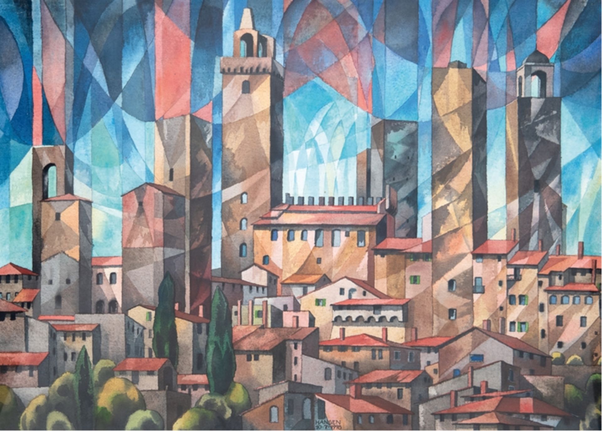 Hansen, Hartmut (1939-2021) "Ansicht von San Gimignano (Italien)" Gouache, sign. mittig unten