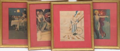 4 Drucke von Gemälden der 1920/30er Jahre, jeweils hinter Glas im Passepartout und Rahmen, Falzmaß 