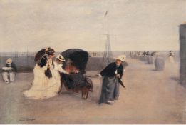 "Auf der Promenade", Öldruck auf Karton, nach Morgan, John (Engl. Genremaler 1823-1886), 46,5x61,5 