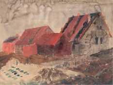 "Bauerngehöft", Aquarell, undeutl. sign. u. dat. 1921, 31x40 cm, im Passepartout hinter Glas und Ra