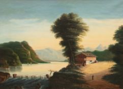 Landschaftsmaler 19. Jh. "Gebirgslandschaft mit Hütte am Fluß", Öl/Lw., unsign., 65x80 cm, Rahmen