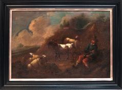 Landschaftsmaler des 18. Jh. "Hirte mit Schafen und Ziegen in Gebirgslandschaft", Öl/Lw., unsign., 