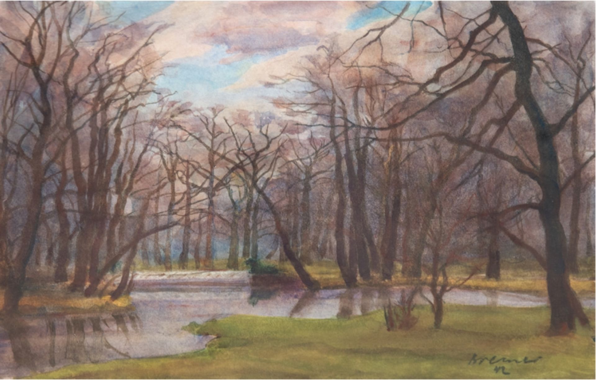 Bremer, Hans (1885 Berlin-1959 ebenda)  "Tiergarten an der Löwenbrücke", Aquarell, sign. u.r. und d