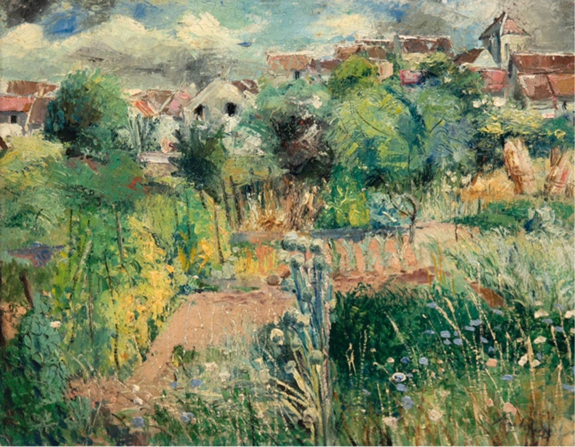 Kuhfuss, Paul (1883 Berlin- 1960 ebenda) "Garten vor einer Stadt", Öl/Mp., sign. u.r., 40x47 cm, Ra