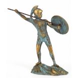 Bronze-Figur "Römischer Krieger mit Speer und Schild, unsigniert, z.T. blaugrün patiniert, H. 16 cm