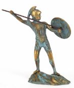 Bronze-Figur "Römischer Krieger mit Speer und Schild, unsigniert, z.T. blaugrün patiniert, H. 16 cm