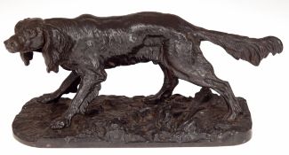 Figur "Jagdhund", Bronze, unsign., auf ovaler Plinthe (kl. Löcher in der Plinthe), an den Ohren rep
