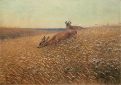 "Rehe im Getreidefeld", Öl/Lw., undeutlich sign. u.r., 80x108 cm, Rahmen