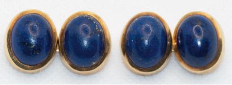 Paar Manschettenknöpfe, 585er GG, besetzt mit ovalen Lapislazuli-Cabochons in Zargenfassung, 1,7x1,