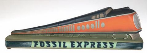 "Fossil Express", Personenzug mit Lokomotive der 50er Jahre, Werbung für Fossiluhren, farbig bemalt