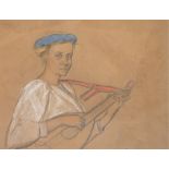 Büchsel, Elisabeth (1867-1957 Stralsund) "Junge Frau beim Gitarre spielen", Mischtechnik, unsign.,