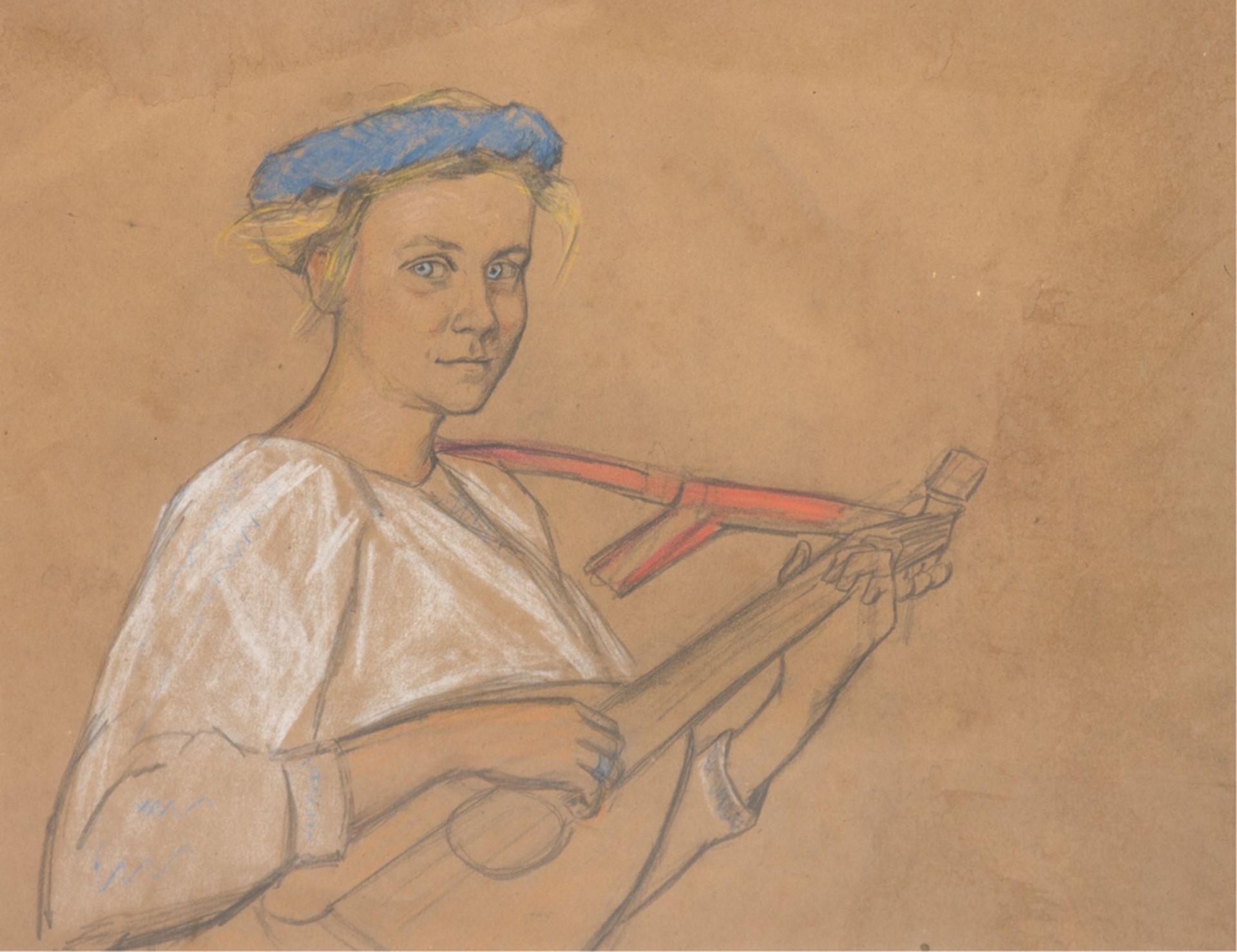 Büchsel, Elisabeth (1867-1957 Stralsund) "Junge Frau beim Gitarre spielen", Mischtechnik, unsign.,