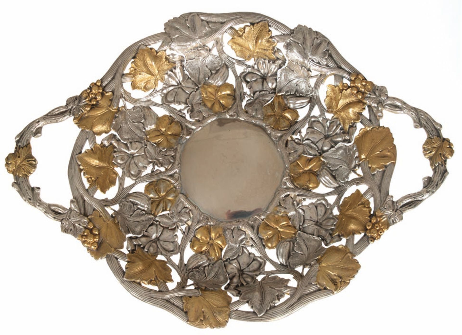 Zierschale, 800er Silber, partiell vergoldet, punziert, 726 g, über Rundfuß flach gemuldete Schale 