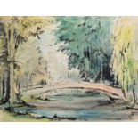 "Brücke im Park", Tusche, Aquarell, undeutl. sign. u.l. und dat. ´45, 29x36 cm, im Passepartout hin