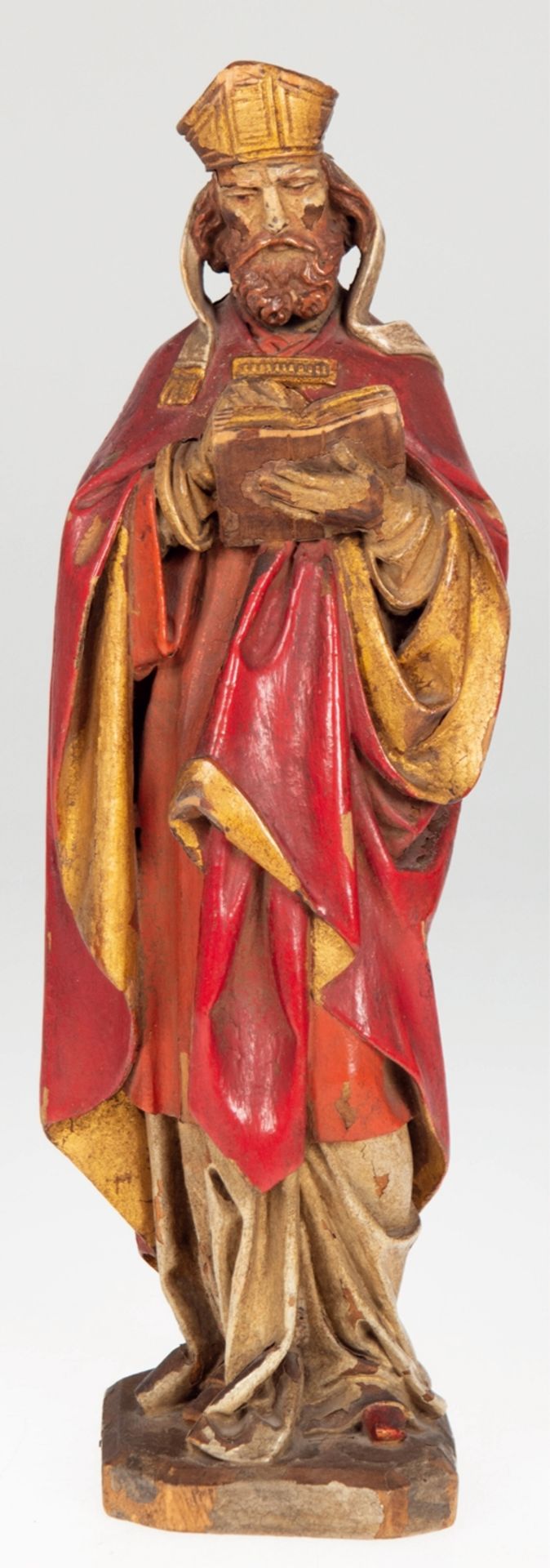 Heilgenfigur, 19. Jh., Holz, geschnitzt, alte Fassung mit Abplatzungen, H. 29 cm