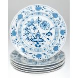 6 Meissen-Speiseteller, Zwiebelmuster, Neuer Ausschnitt, 1. Wahl, Dm. 25 cm