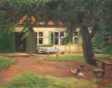 Oesterschmidt, Heinrich (1879 Düsseldorf-?) "Hühner unter Bäumen vor Bauernhaus", Öl/Lw., sign. u.l