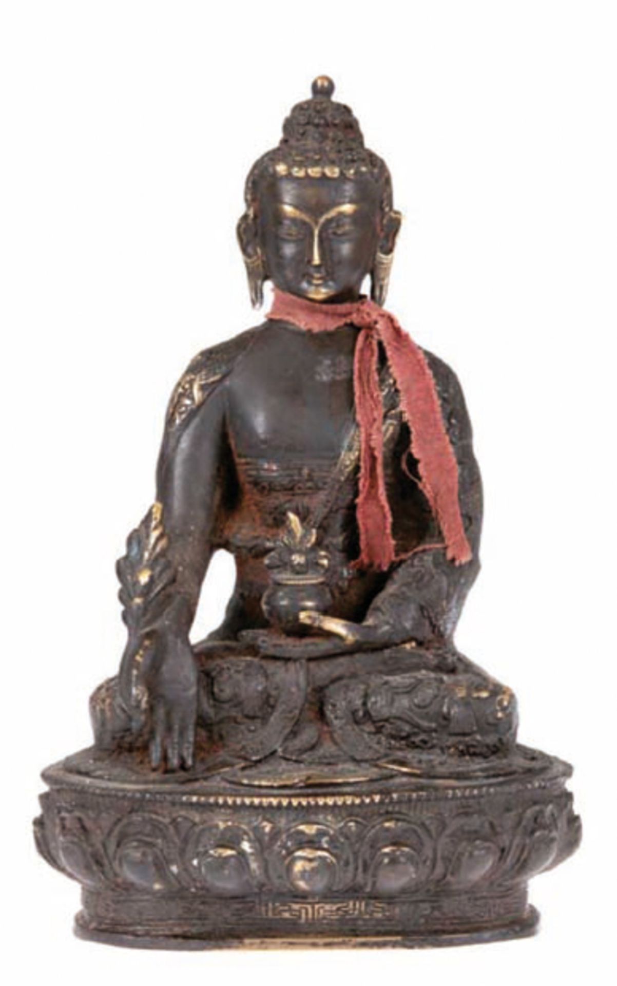 Buddha-Figur "Gautama mit Fürstengewand auf Lotosthron sitzend", Tibet Mitte 19. Jh., Bronze mit al
