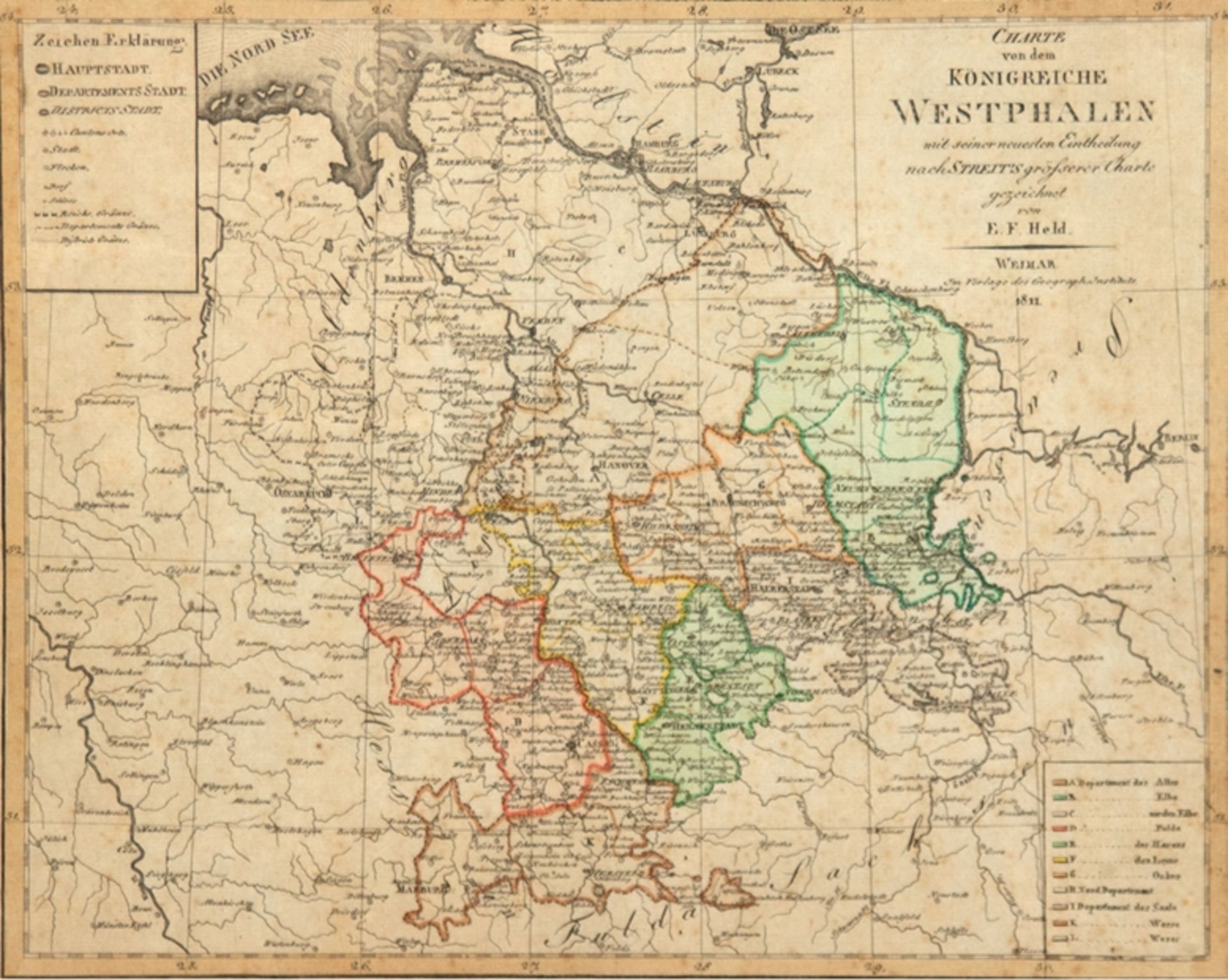 Karte " Von dem Königreiche Westfalen mit seiner neusten Einteilung", kolorierter Stich, gez. Held,