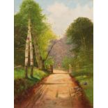 Landschaftsmaler "Baumbestandener Landweg mit Personenstaffage", Öl/Lw., unsign., 43x31,5 cm, Rahme