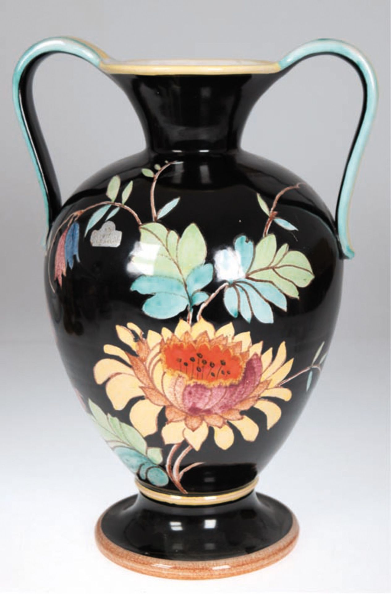 Art-Deco-Bodenvase, Rosenthal, Keramik, polychrome Blumenmalerei auf schwarzem Grund, beidseitig Ha