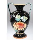 Art-Deco-Bodenvase, Rosenthal, Keramik, polychrome Blumenmalerei auf schwarzem Grund, beidseitig Ha