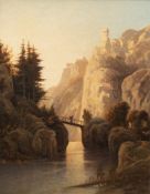 Landschaftsmaler "Berglandschaft mit Brücke über dem Fluß", Öl/Lw., undeutl. sign. u.r., 52x42 cm, 