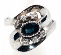 Ring, 750er WG, 7,8 g, ausgefallenes Design, oval facettierter Saphir 7x5 mm, Brillanten ca. 0,25 c
