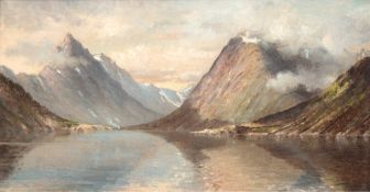 Landschaftsmaler "Fjordlandschaft", Öl/ Lw., undeutl. sign. u.r., 23x39 cm, Rahmen