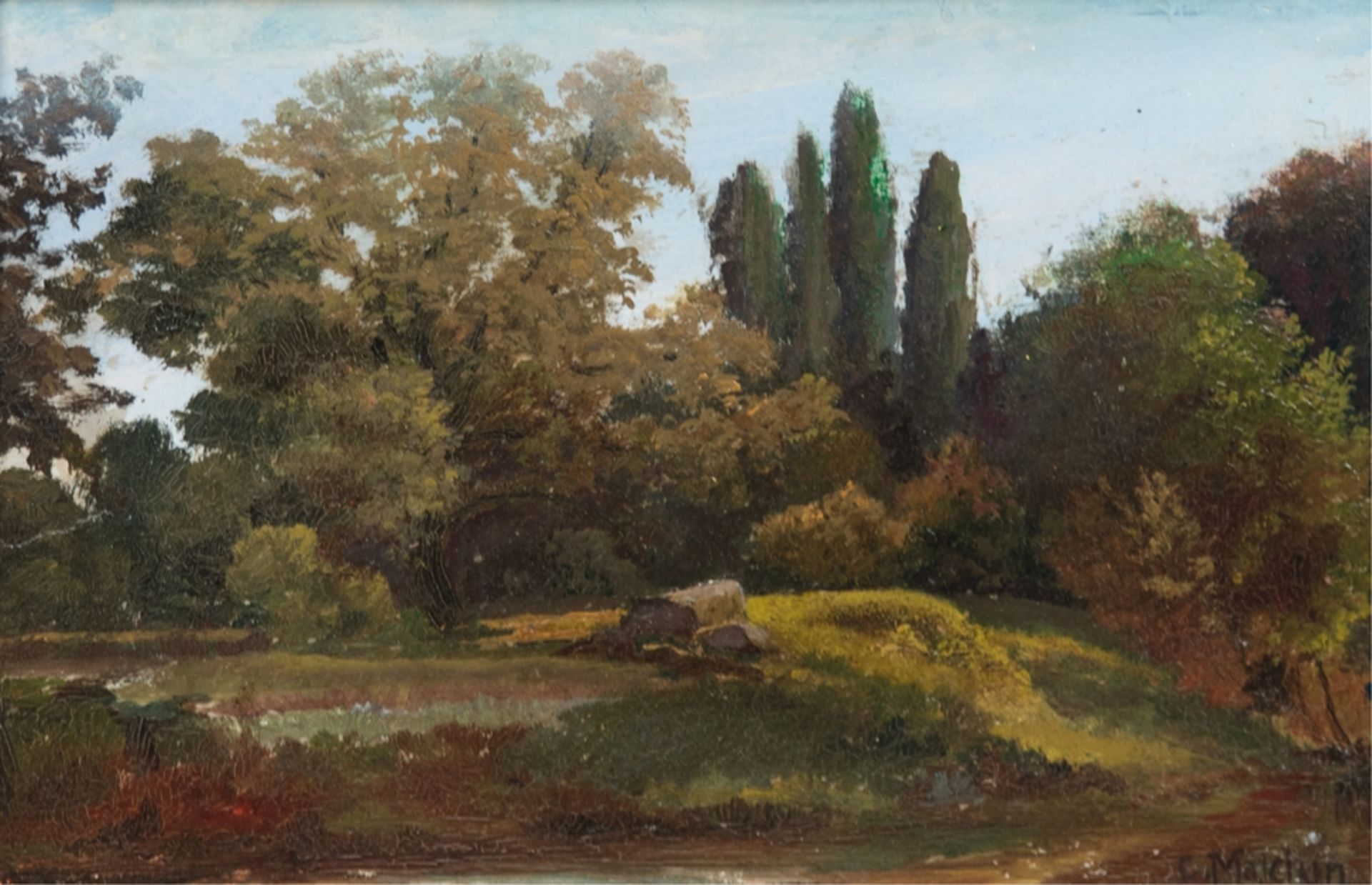 Malchin, Carl (1838 Kröpelin-1923 Schwerin) "Bewaldete Landschaft", Öl/ Hartfaser, sign. u.r., 17,5