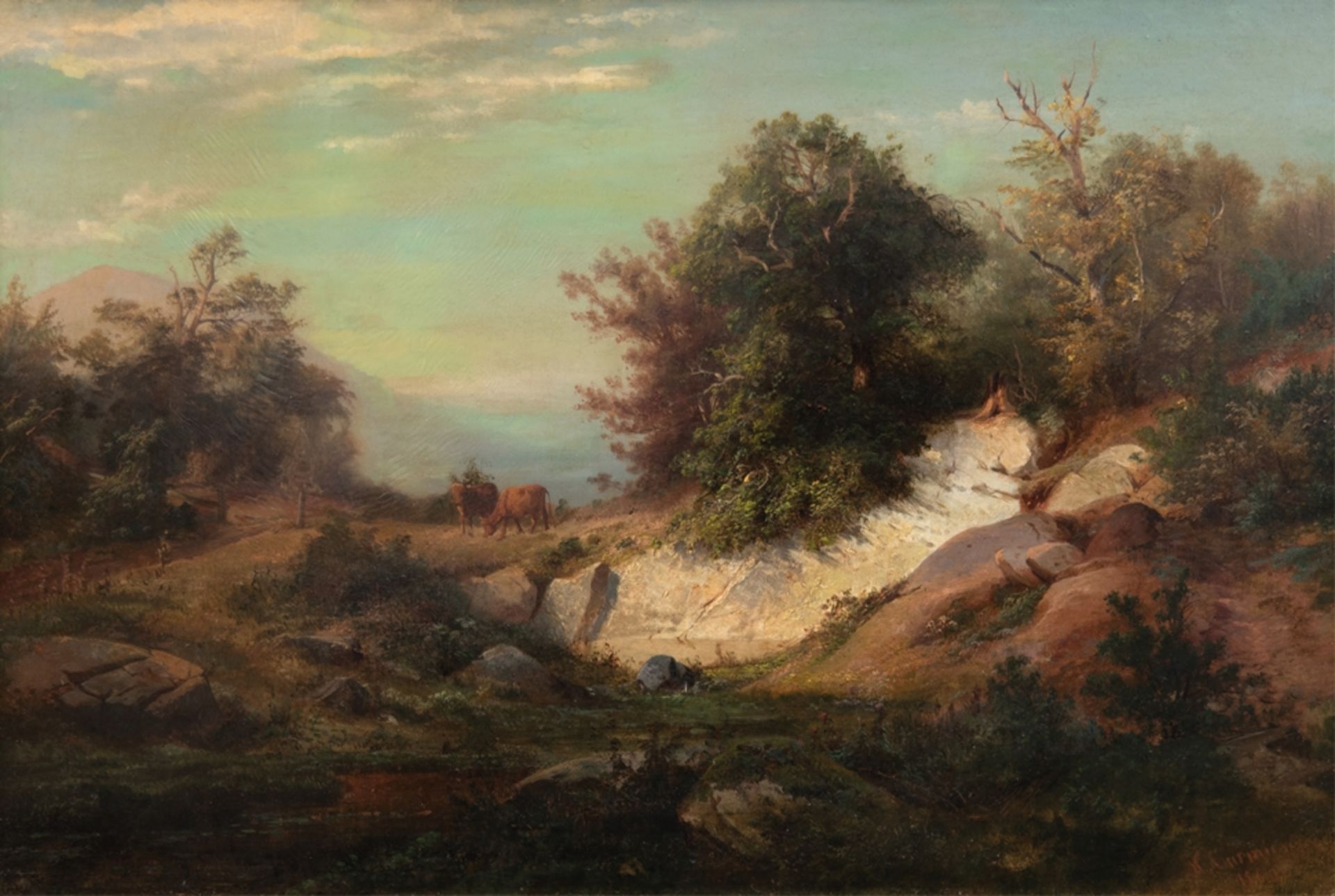 Crarmiencke, Johann Hermann (1810 Hamburg-1867 Brooklyn, New York) "Berglandschaft mit Rindern", Öl