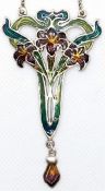 Collier im Jugendstil, 925er Silber, florales Design, farbig emailliert, Länge ca. 45 cm, Maße des 