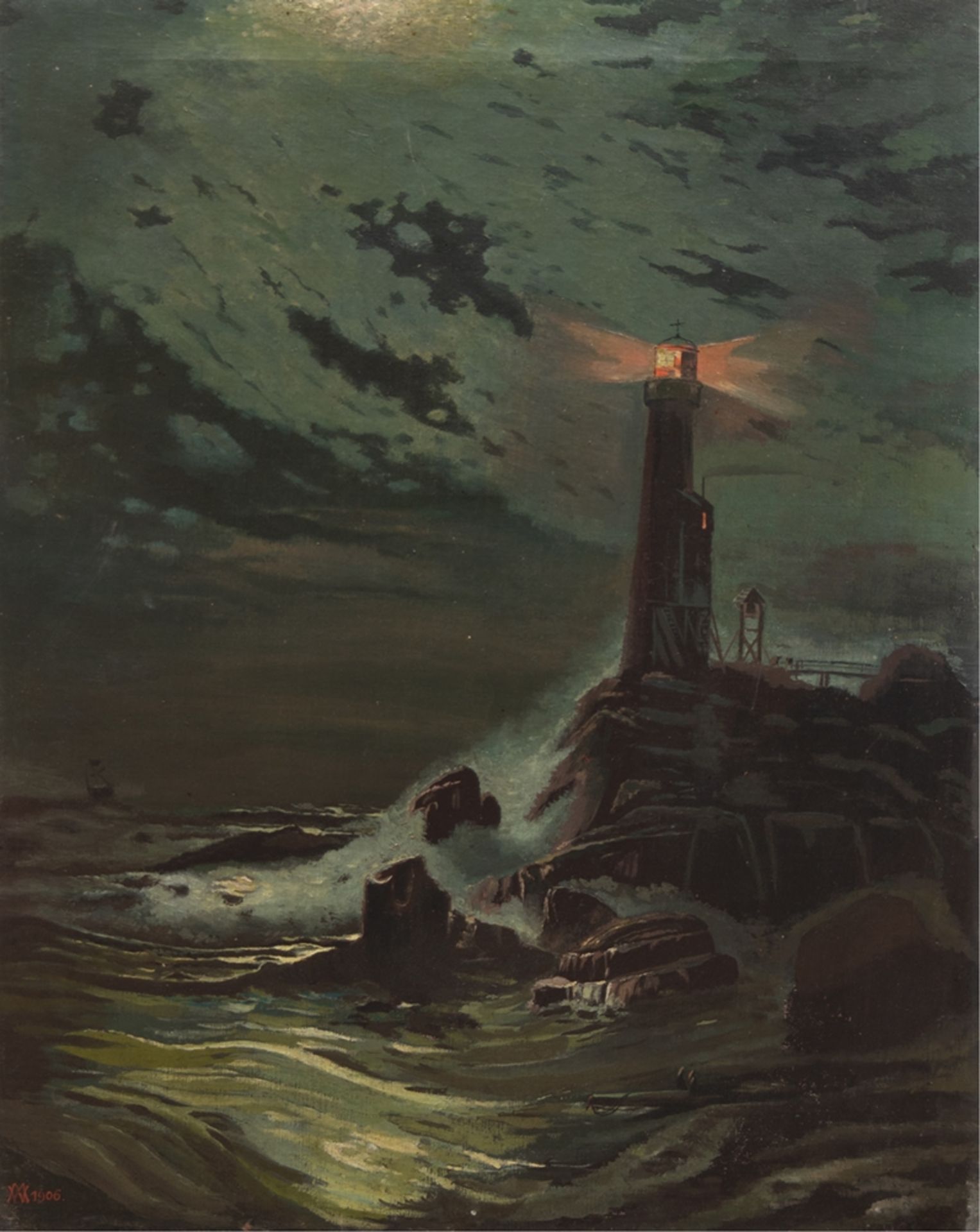 "Meeresbrandung mit Leuchtturm bei Nacht", Öl/Lw., undeutl. sign. u.l. und dat. 1906, 70x50 cm, ung
