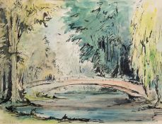 "Brücke im Park", Tusche, Aquarell, undeutl. sign. u.l. und dat. ´45, 29x36 cm, im Passepartout hin